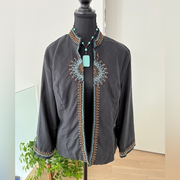 SARAH SPENCER 100% Linen Black Jacket Fully Lined Boho Turquoise Beaded Detail - Picture 1 of 14